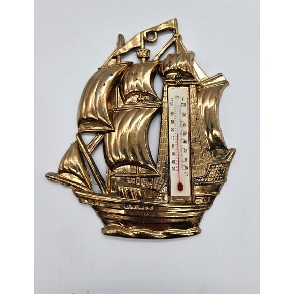Other - Vintage Brass Gold Tone Sailing Ship Galleon Wall Thermometer Hong Kong Plastic